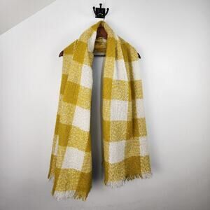 Barneys New York Yellow White Plaid Knit Blanket Scarf with Fringe Acrylic Fall